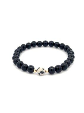 Natural Dalmatian Jasper Onyx 14K Solid Gold Bead Stretch Bracelet